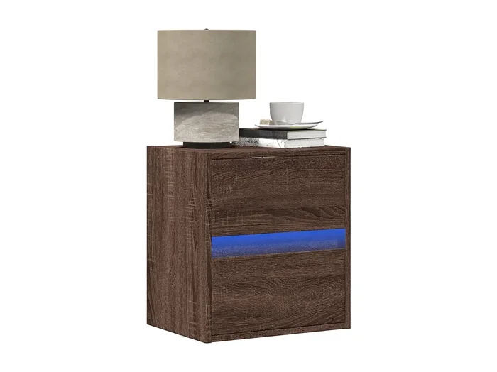 Mesita de noche de pared con luces LED roble marrón