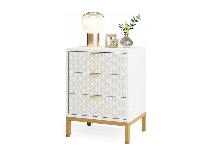 Mesita de noche moderna de 65,5 cm de alto con 3 cajones, Mesa auxiliar contemporánea con espacio de almacenamiento para dormitorio, salón, blanco y dorado