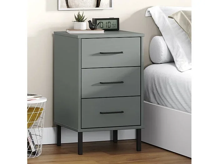 Mesita de noche patas de metal madera maciza pino gris OSLO