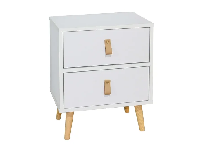 Mesita noche blanca 2 cajones Anzio moderna pata madera 50x40x30 cm
