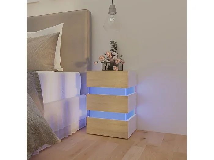 Mesita noche LED blanco y Sonoma madera ingeniería 45x35x67 cm