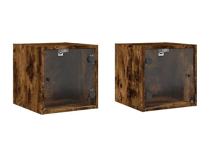 Mesitas de noche Mesilla de noche puertas de vidrio 2 uds roble ahumado 35x37x35 cm