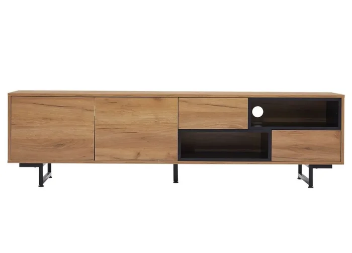 Móvel TV efeito madeira 2 gavetas, 2 portas e 2 nichos abertos preto 173x38x48cm