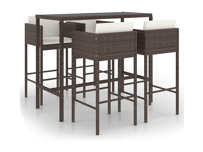Mueble bar de jardín de 5 piezas y cojines de mimbre de resina marrón 02_0014519