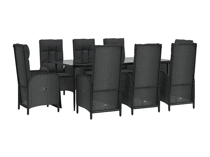 Mueble comedor de jardín de 9 piezas y cojines de resina tejida en negro 02_0014835