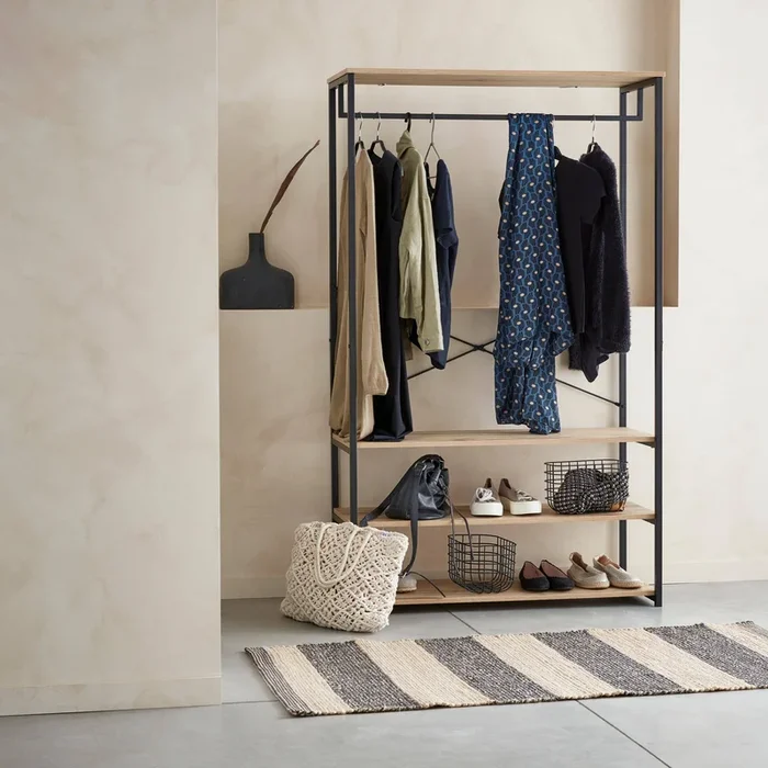 Mueble de entrada de metal y efecto madera, 3 niveles
