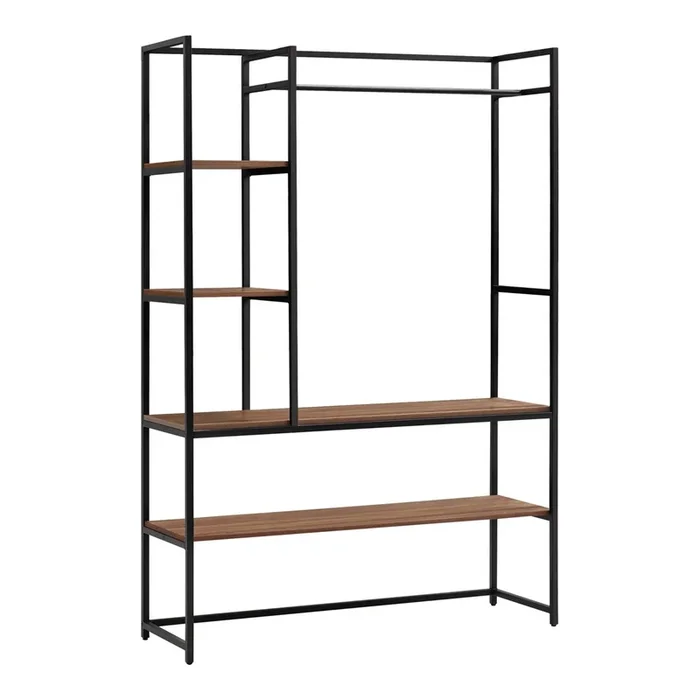 Mueble de entrada Horgau con percherro burro y varios estantes metal y MDF 180 x 120 x 40 cm – Negro y Efecto nogal [en.casa]