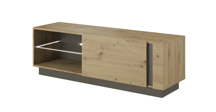 Mueble de TV ARCADE, mide 46x139x40 cm y tiene 3 estantes, 1 puerta e iluminación LED