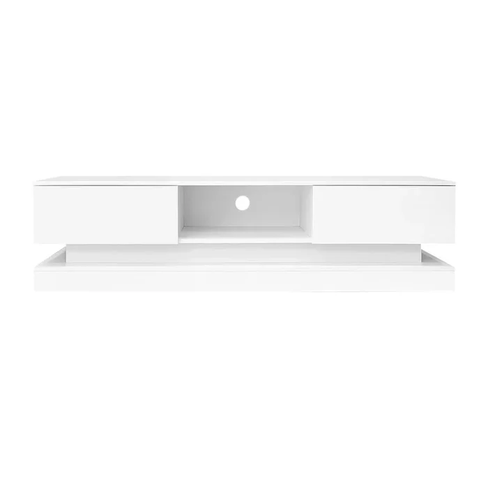 Mueble TV 160x35x40.5cm – Blanco alto brillo, con LED, 2 cajones, control por app, diseño anti-volcamiento – Blanco