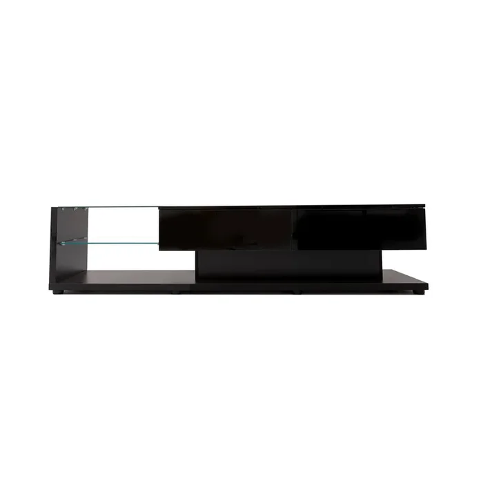 Mueble TV 170cm con LED y mampara de cristal – 2 cajones – Negro