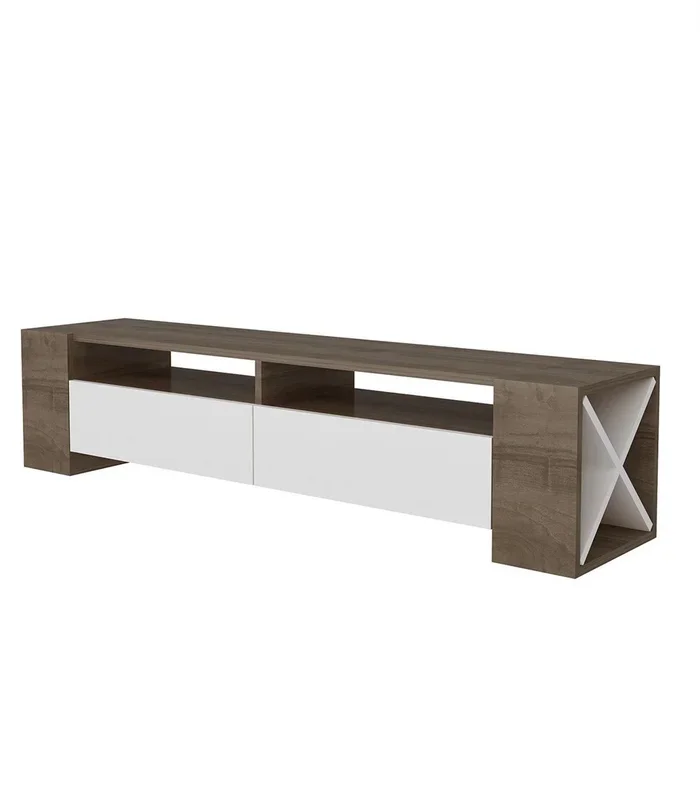 Mueble TV 2 cajones decorado en nogal y blanco L155 cm – Sosruko