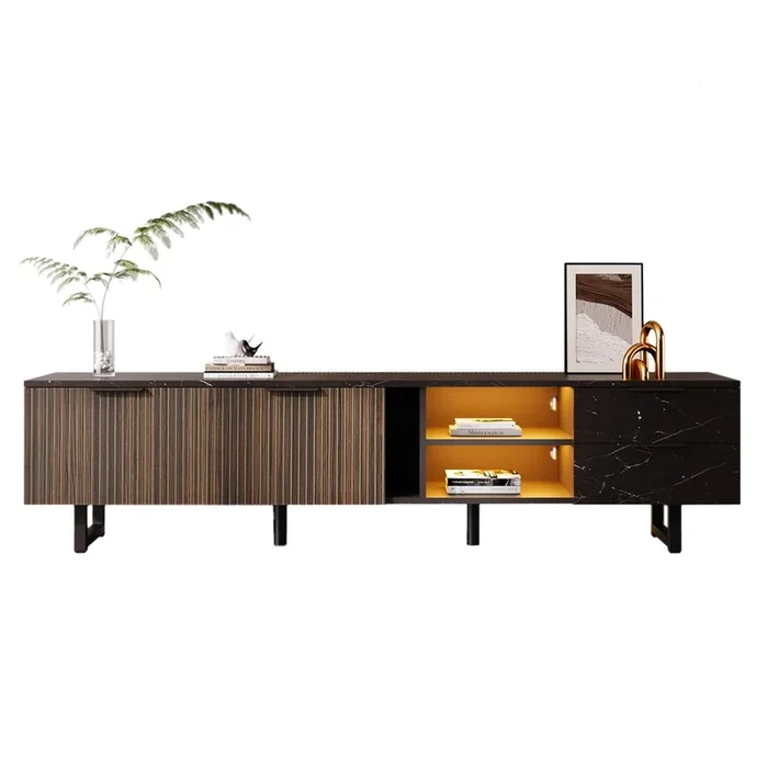 Mueble TV 200 cm – con imitación mármol negro, puertas de madera con vetas oscuras, iluminación LED ajustable, 2 puertas y 2 cajones – Negro