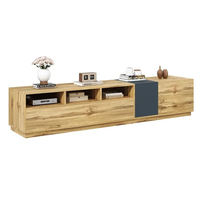 Mueble TV 200cm de panel de partículas con 3 puertas,natural+negro