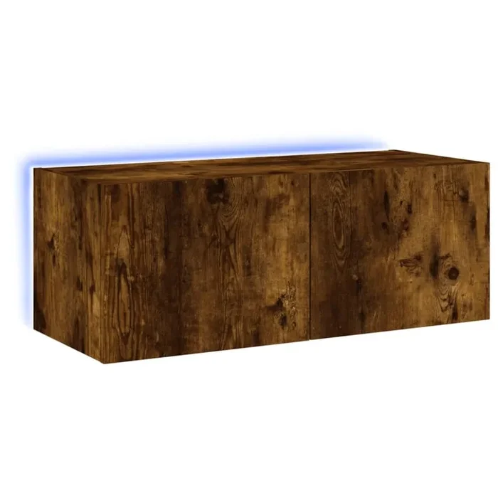 Mueble TV – Mesa de TV de pared con luces LED roble ahumado 80x35x31 cm