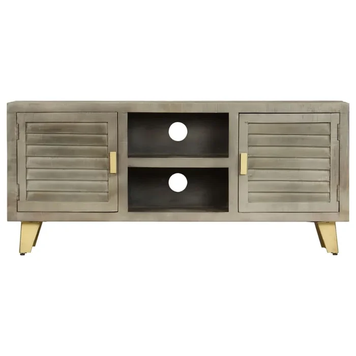 Mueble TV – Mesa de TV madera maciza mango con latón gris 110x30x48 cm
