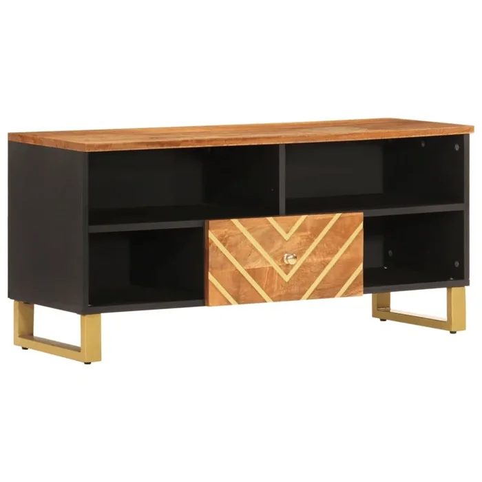 Mueble TV – Mesa de TV madera maciza mango marrón y negro 100×33,5×46 cm