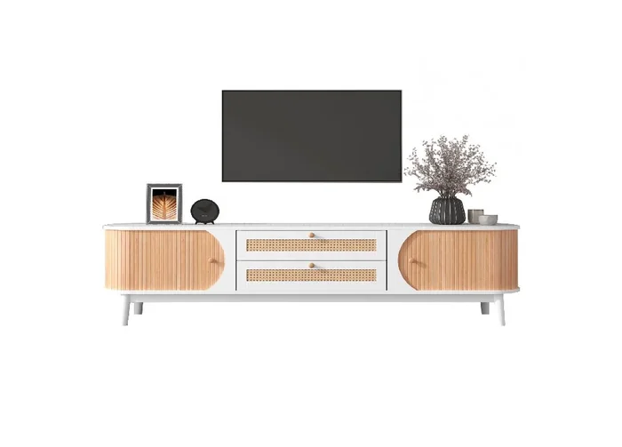 Mueble TV de ratán 170cm de panel de partículas con 2 puertas correderas y 2 cajónes,blanco
