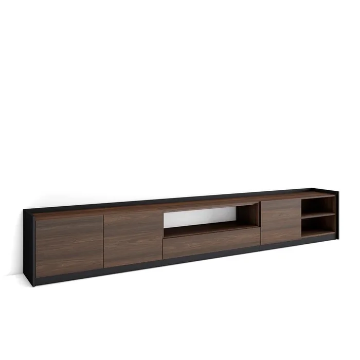 Mueble TV, Televisión, Muebles de salón, almacenaje, 310x50x37 cm, Para TV hasta 80″, Con almacenamiento, Estilo Moderno, Roble oscuro y Negro