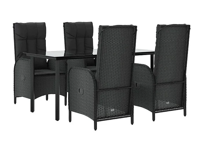 Muebles de comedor y cojines de jardín 5 piezas resina tejida negra 02_0014866