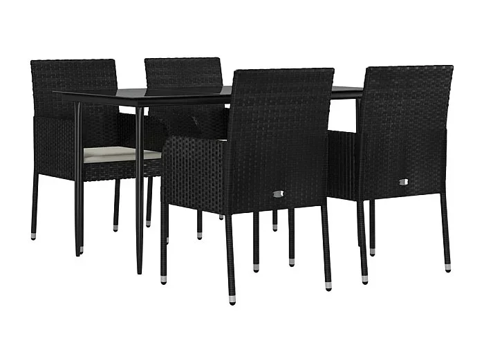Muebles de comedor y cojines de jardín 5 piezas resina tejida negra 02_0014878
