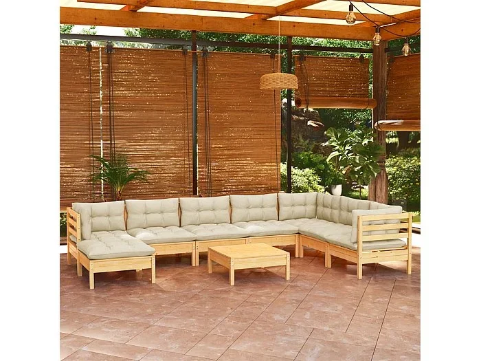 Muebles de jardín 9 piezas y cojines madera maciza de pino crema