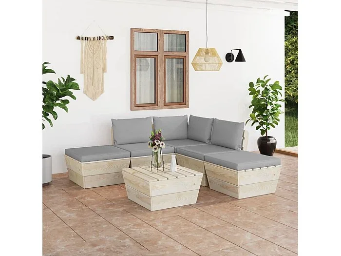 Muebles de jardín de palets 6 piezas y cojines madera de abeto
