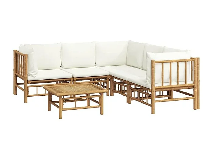 Muebles de jardín muebles de exterior juego de muebles de 6 piezas con cojines de bambú blanco crema 02_0016634