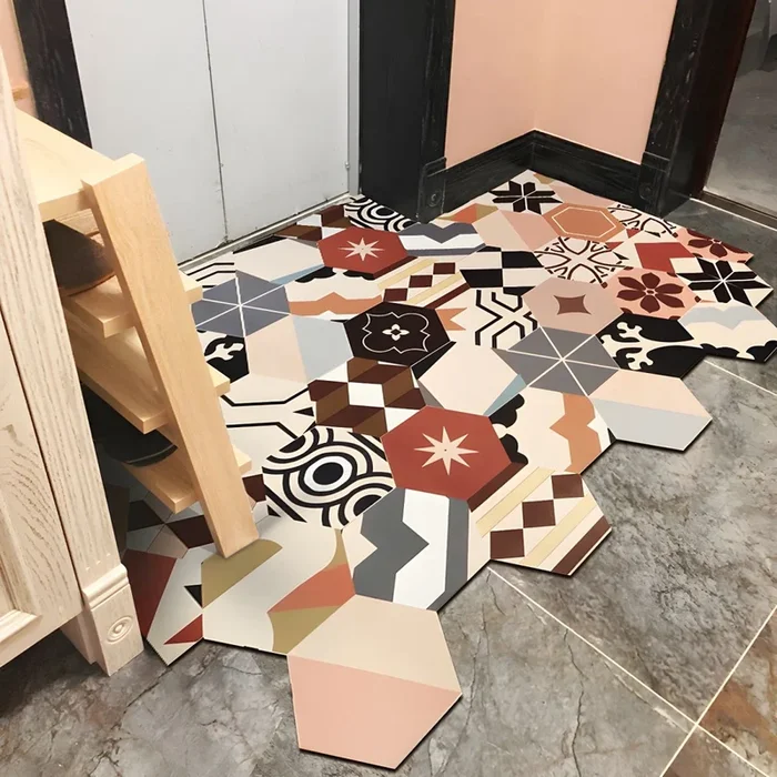 Multicolor Alfombra Hidrófuga Estilo Marroquí Tapete PVC con Patrón de Azulejos para Baño – Rojo 60 x 120 cm