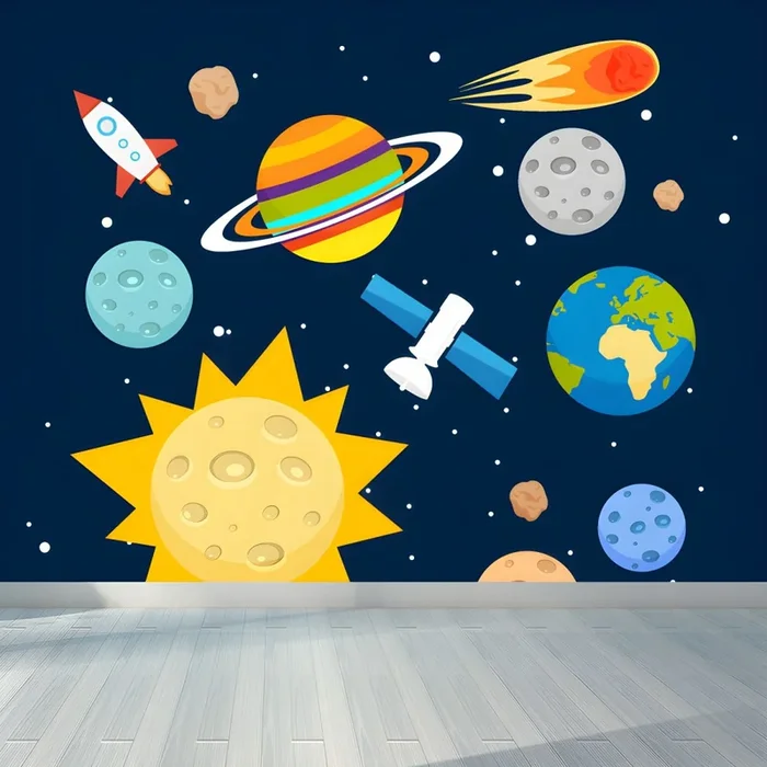 Multicolor Arte Mural Infantil con Patrón de Universo Decoración de Pared no Tejido Resistente a Manchas