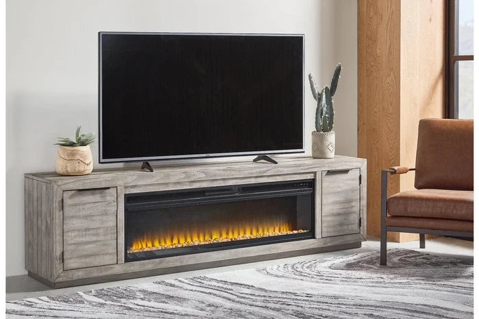 Naydell Gray 92″ TV Stand with Electric Fireplace