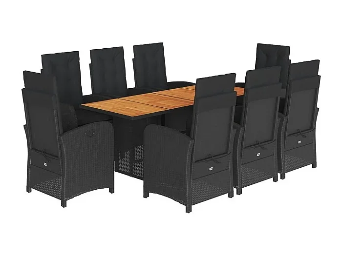 Nayo Set de comedor de jardín 9 pzas y cojines ratán sintético negro