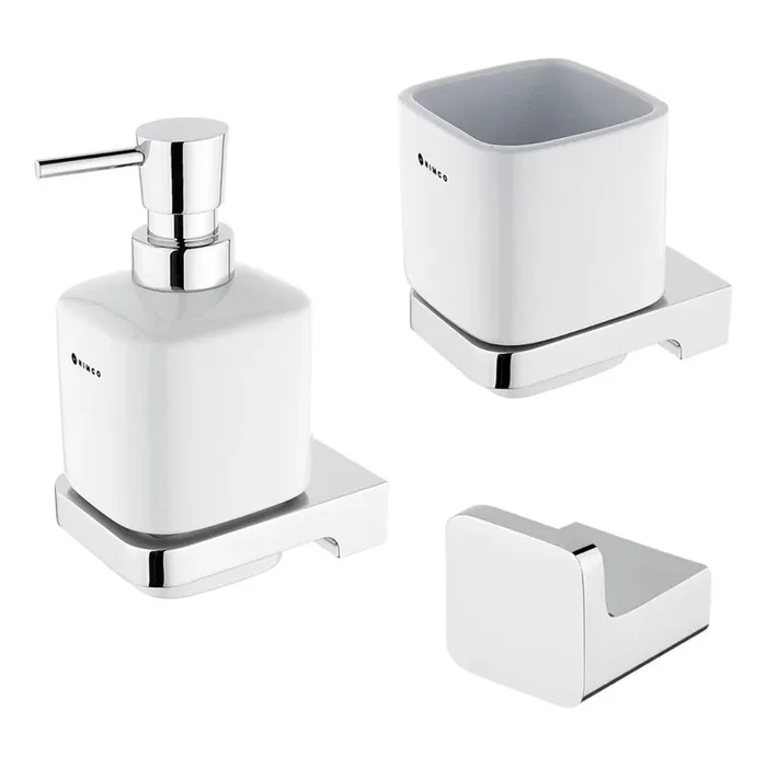 NIMCO MA set-31K-26 – Dispensador de jabón de pared, soporte para cepillos de dientes y gancho de pared MAYA 320 mm blanco/cromo brillante