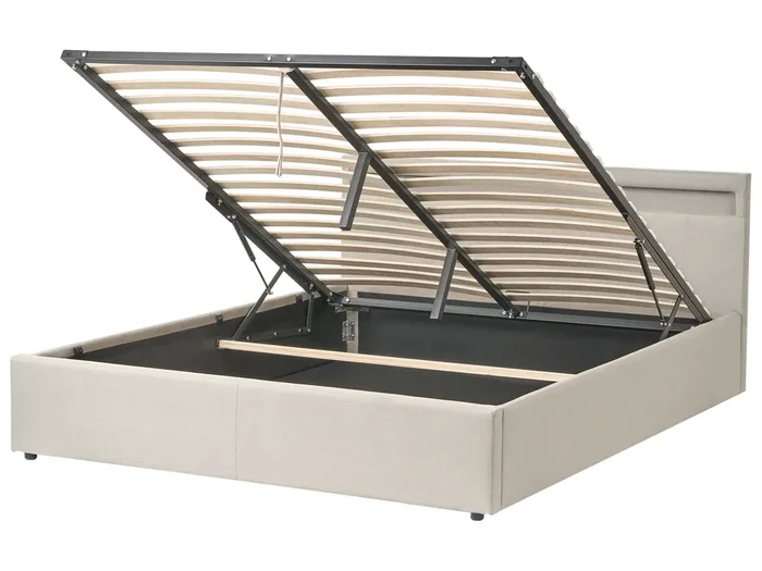 Ottoman Bed with LED Fabric ARMELLE 160 x 200 cm (EU King Size) Beige