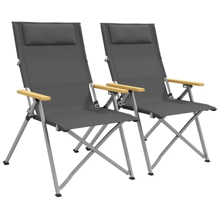 Outsunny 2 Sillas de Camping Plegables de Aluminio Sillas de Jardín Portátiles con Respaldo Ajustable Reposabrazos de Madera y Bolsa de Transporte para Exterior 74×59,5×98 cm Gris