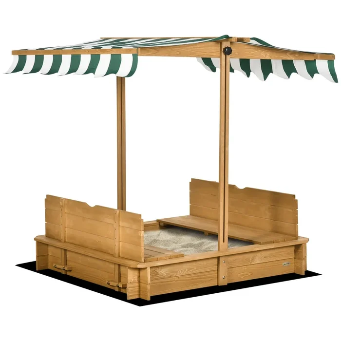 Outsunny Arenero para Niños de Madera Arenero Infantil con Toldo Ajustable en Altura 2 Bancos y Respaldos Desmontables para Patio Jardín 106x106x115 cm Natural y Rayas Verdes