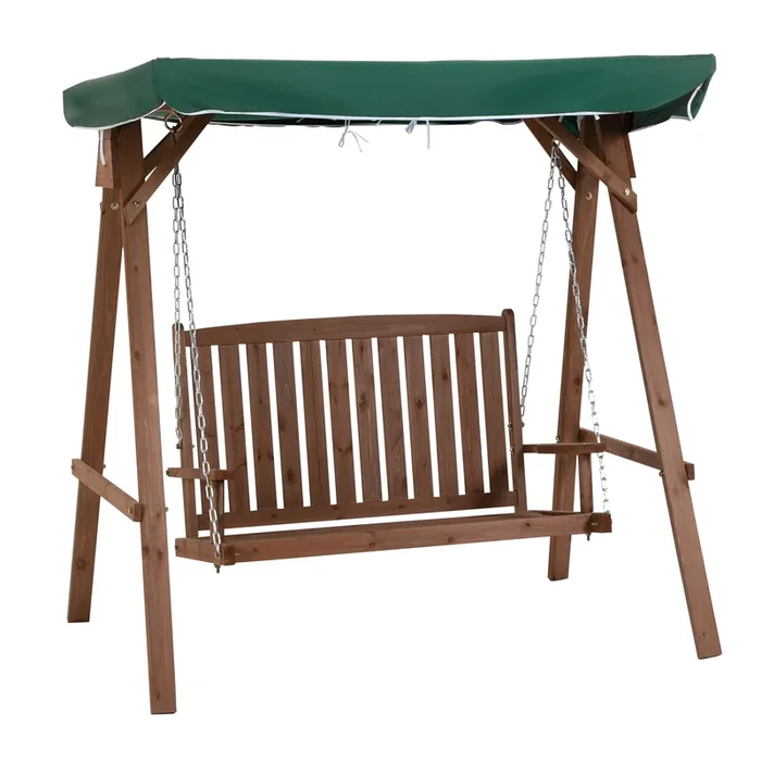 Outsunny Banco Columpio de Jardín de Madera con Dosel Verde 160x120x165 cm Carga 227 kg Balancín para Patio Jardín Terraza Exterior Protección Solar Marrón