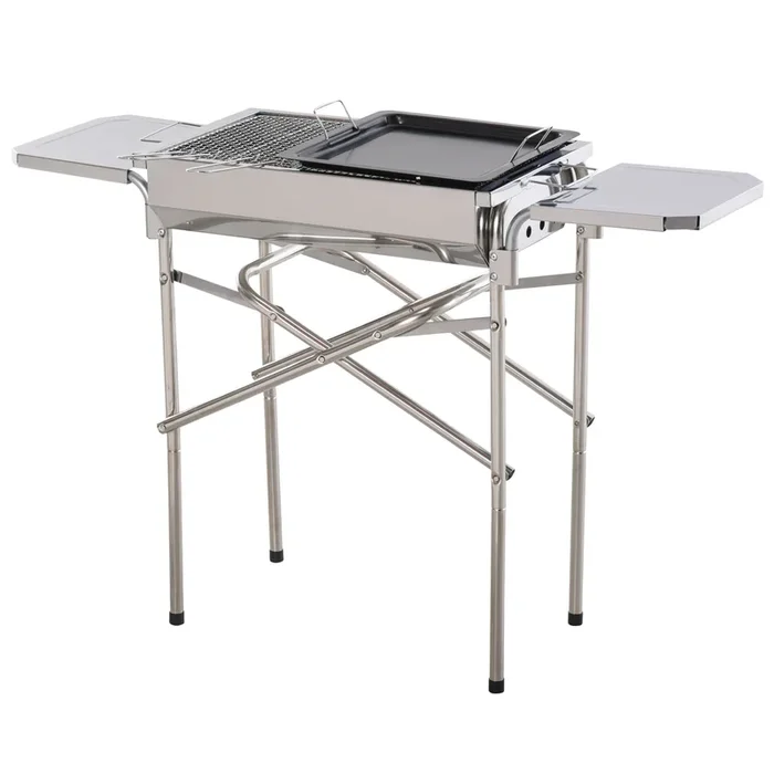 Outsunny Barbacoa de Carbón Portátil de Acero Inoxidable con 2 Estantes Laterales Bandeja y Parillas al Aire Libre para BBQ Camping Senderismo Picnics 104x30x68 cm Plata
