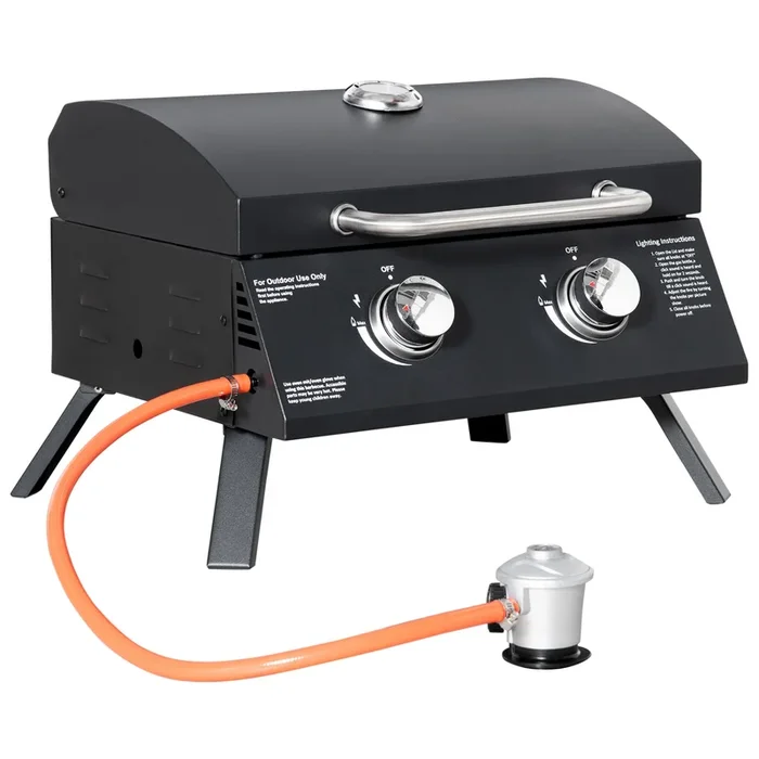 Outsunny Barbacoa de Mesa a Gas Plegable con 2 Quemadores Parrilla de Gas Portátil con Tapa Acero a Carbono para Camping Picnic al Aire Libre Jardín 55×46,5×41 cm Negro