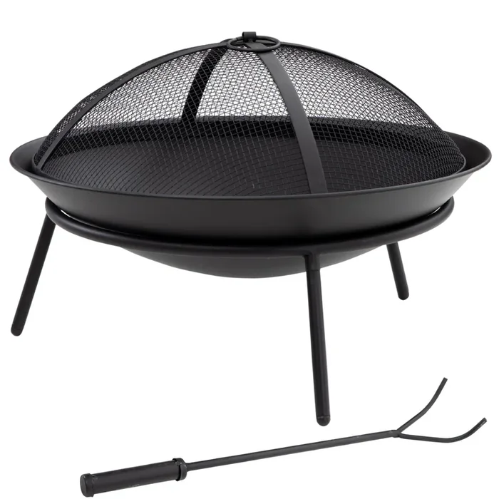 Outsunny Brasero Exterior para Jardín Pozo de Fuego de Metal con Protector de Chispas y Atizador para Hogueras Terraza Camping al Aire Libre Ø47×33 cm Negro