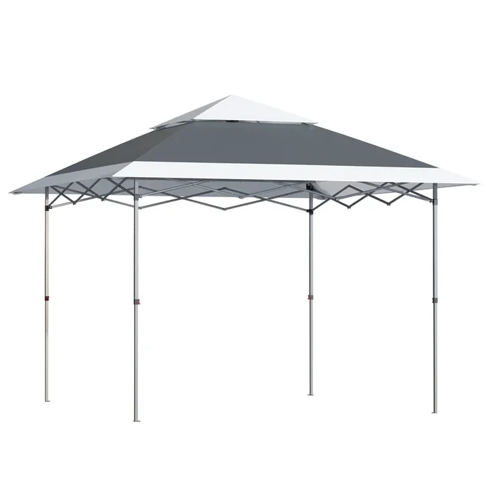 Outsunny Carpa de Fiesta Plegable 3,6×3,6 m Altura Ajustable en 3 Posiciones con Doble Techo y Bolsa de Transporte con Ruedas Marco de Acero Impermeable Gazebo para Jardín Exterior Gris y Blanco