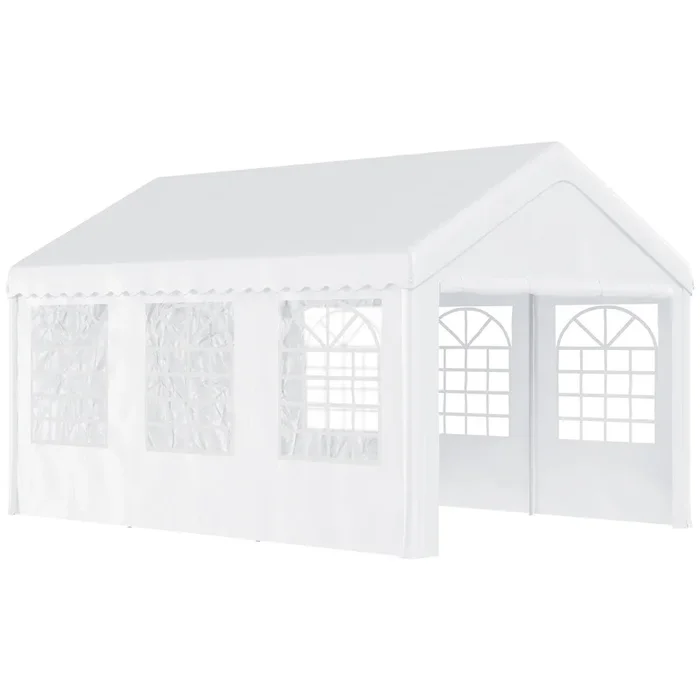 Outsunny Carpa para Fiesta Cochera Gazebo 6x4m Pergola Cenador Pabellón 4 Paneles Laterales Ventanas Anti-UV para Eventos Bodas Acero PE Blanco
