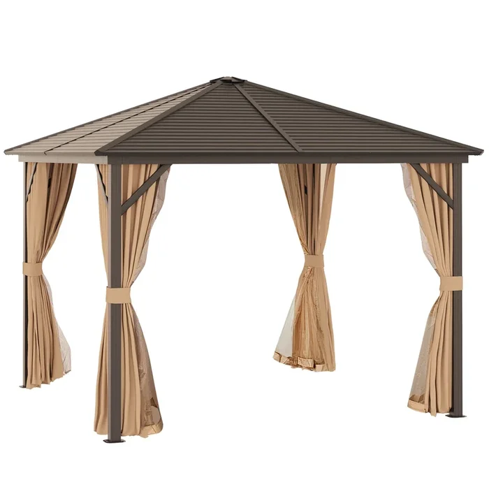 Outsunny Cenador de Jardín 3×3 m Marco de Aluminio con 4 Cortinas Laterales 4 Mosquiteras y Gancho para Lámpara Gazebo Pabellón para Exterior Patio Fiestas Marrón
