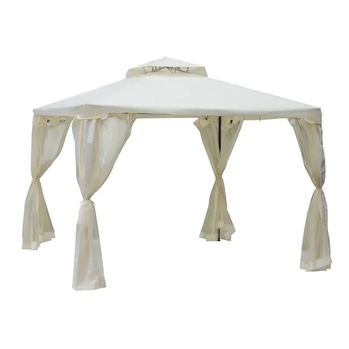 Outsunny Cenador de Jardín 3×3 m Pabellón de Exterior con Doble Techo de Ventilación 4 Cortinas Mosquiteras Laterales con Cremallera 8 Orificios de Drenaje Gazebo para Fiestas Patio Crema