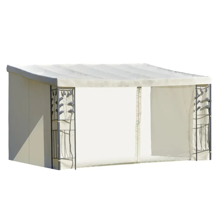 Outsunny Cenador de Jardín 4×3 m Montado en la Pared con Cortinas Laterales Malla con Cremallera 4 Orificios de Drenaje para Exterior Fiestas Eventos Beige