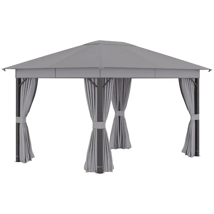 Outsunny Cenador de Jardín 4×3 m Pabellón con Techo de Ventilación 4 Cortinas Laterales con Puerta y 8 Orificio de Drenaje Gazebo de Aluminio para Exterior Patio Fiestas Gris