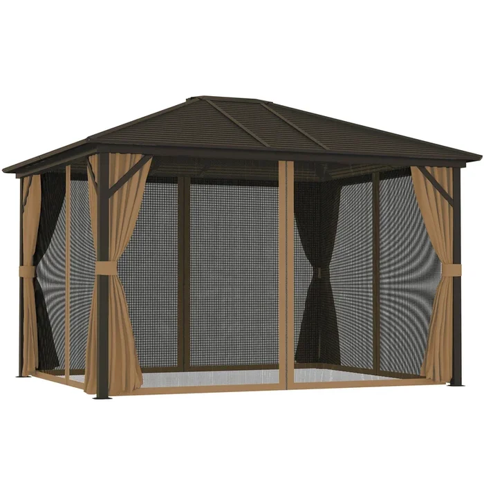 Outsunny Cenador para Jardín 3×3,6 m Pérgola de Jardín Gazebo con Doble Techo 4 Paredes Laterales 4 Mosquiteras Anti-UV y Marco de Aluminio Carpa para Exterior Terraza Patio Café