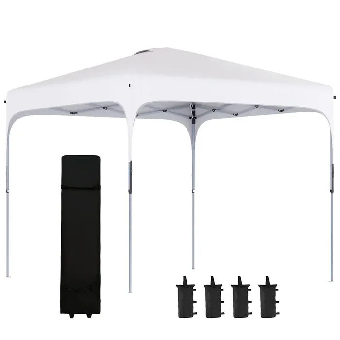 Outsunny Cenador Plegable Pop-UP 2,5×2,5×2,68 m Carpa de Jardín Protección UV 50+ Ajustable en Altura con 4 Bolsas de Arena y Bolsa de Transporte para Camping Fiestas Patio Blanco