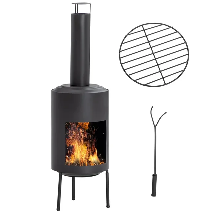 Outsunny Chimenea de Jardín Estufa de Terraza de Metal Chimenea de Patio con Cámara de Fuego Atizador y Techo para Humo para Camping al Aire Libre Exterior 30x30x105 cm Negro
