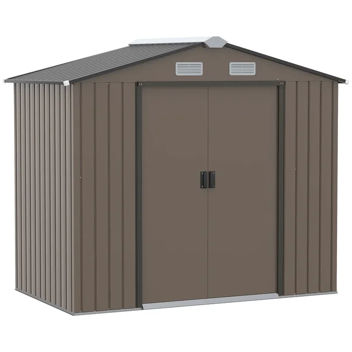 Outsunny Cobertizo de Jardín 2,5m² con Base de Refuerzo Sin Suelo 213x130x185 cm Caseta de Jardín Exterior con 2 Puertas Correderas y 4 Ventanas para Almacenamiento de Herramientas Marrón