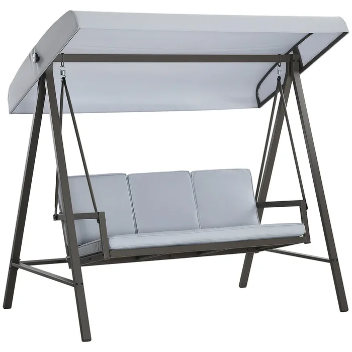 Outsunny Columpio de Jardín de 3 Plazas Balancín Exterior Jardín con Toldo Ajustable Cojines Extraíbles y Estructura de Acero Carga 360 kg 200x125x175 cm Gris